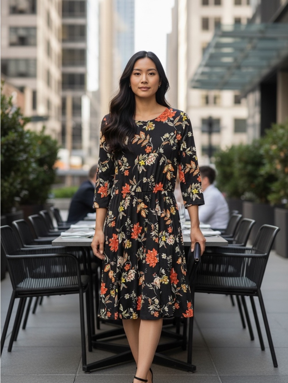 French Grey Floral Fit & Flare Dress Crisscross Back Black Small